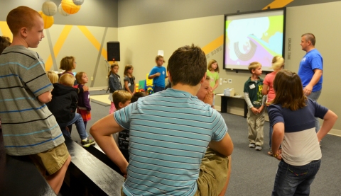 Family Ministry Pastor Patrick Ringler leads a Northview Kids classroom during Weekend Services. [photo by Andrea Scheffee]